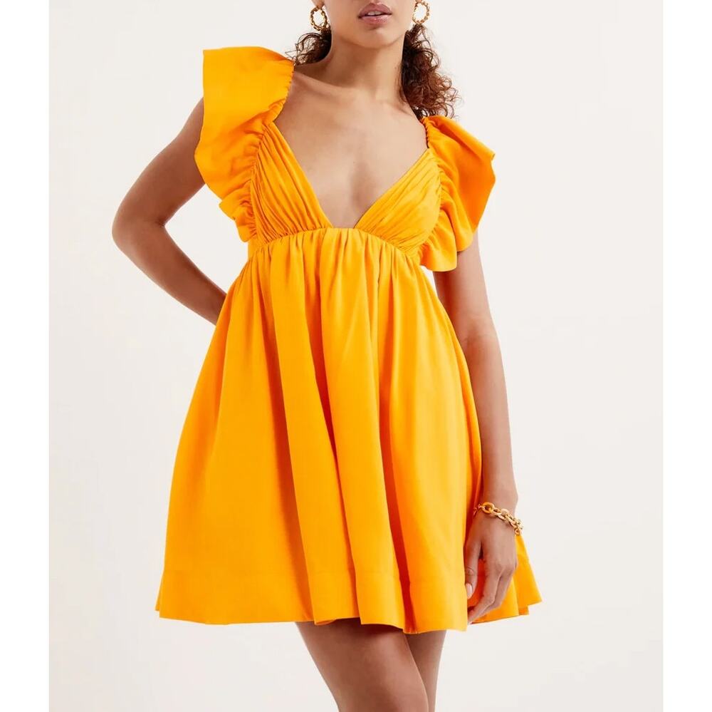 For Love & Lemons Clementine Mini Dress Orange Ruffle Empire Waist Tie Back SZ S